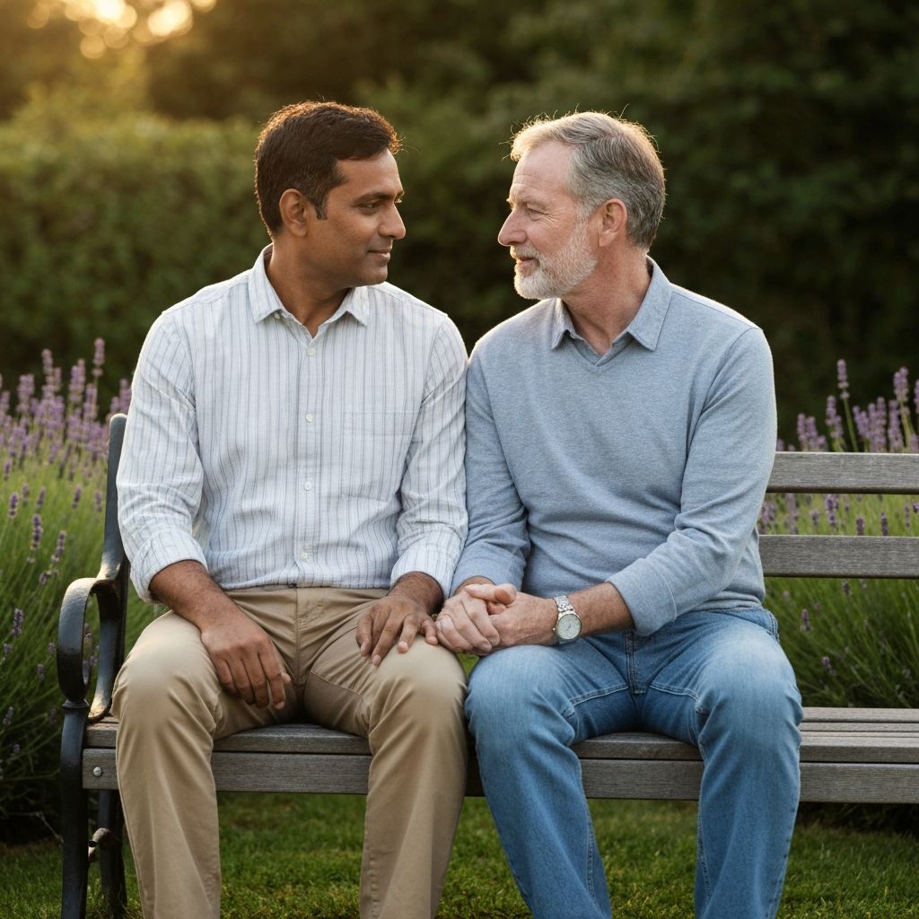 A same-sex male couple on a park bench